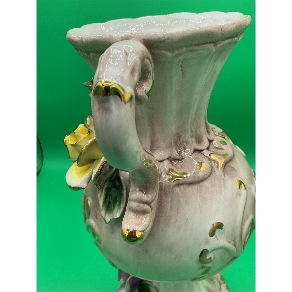 Vintage Porcelain Capodimonie Italian Floral Vase With Three Roses Two Handle - Picture 14 of 17